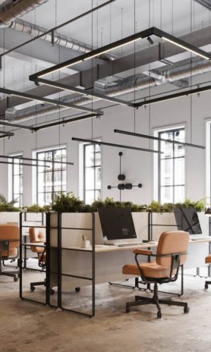 a543 3D image of a environmentally friendly office space. Modern office desks with plants.
